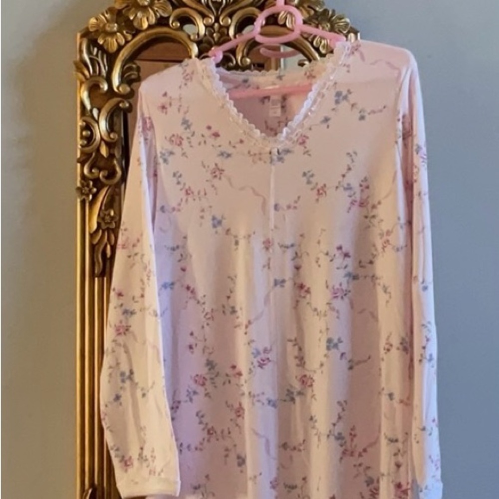 Carole Hochman Pink Floral Lace Trim Night Shirt Sz S